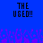 Blue background with black pixelated text 'THE USED!!' repeated twice, purple pixelated shapes at the bottom.