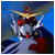 Pixelated static image of a Gundam-style robot with red and white armor, golden headpiece, and blue background, rendered in low-resolution digital art style.