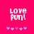 Pixelated text 'LOVE FUN!' in white on bright pink background with five purple hearts below, two versions showing heart position differences.