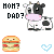 Pixelated cow with black-and-white spots, pink nose, and text 'MOH? DAD?' above it; two pixelated burgers below with a blue heart between them.