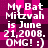 Pixelated text on a magenta and black checkered background reads 'My Bat Mitzvah is June 21,2008. OMG! :)'.