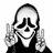 A black-and-white animated contact sheet of a cartoon skull character making peace signs with both hands across five frames, showing subtle pose and hand position changes.