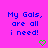 A static image with a bright pink background displays repeated blue text reading "My Gals, are all i need!" and green heart symbols.