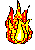 Pixelated flame icon with red and yellow hues, black outlines, and a gray center on solid light gray background.