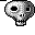 A 5x5 contact sheet of pixelated skull animation frames with varying eye colors and mouth positions on a gray background.