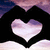 A static pixelated image shows a large white heart shape centered against a black background, with a gradient sky of purple and blue above and light pink below.