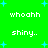 Green background with blue star shapes and repeated white pixelated text reading 'whoohh' and 'shiny..' in a pattern