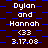 identical pixelated text elements on a checkered background, each displaying 'Dylan and Hannah <33 3.17.08' in white with blue accents