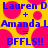 Blue text on yellow background with pink circles displays 'Lauren D + Amanda L = BFFLS!!' repeated twice.