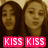 Two pixelated faces with closed eyes and neutral expressions, each beneath a pink rectangular banner displaying 'KISS' in white block letters.