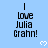 Light blue background with repeated black text 'I love Julia Crahn!' and white pixelated hearts, partially cropped at bottom right.