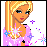 Pixelated blonde woman in pink dress with blue and purple sparkles, static pose across four
