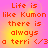 Pixelated text on a pink and yellow gradient background with repeated phrases.