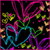 Pixelated abstract composition with swirling magenta, cyan, green, and yellow lines on black background; no text or recognizable figures visible.