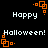Pixelated orange square patterns frame white text reading 'Happy' and 'Halloween!' on a black background, with no visible motion changes across observations.