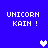 Blue background with four instances of 'UNICORN KAIN!' text and pixelated hearts in white and light purple.