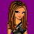 Pixel art contact sheet showing three frames of an animated character with long brown hair, blue eyes, and a black top against purple background, with text "eye" and "candy" on lower panels.