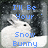 Pixelated image of a white rabbit with black eyes against dark gray background, overlaid with blue text reading "I'll Be Your Snow Bunny".