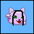 Pixel art cat head with green eyes, red lips, and black hair strands on a light blue background; animation shows eye closure and heart symbol appearance.