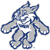 Pixelated blue and gray figure with outstretched arms, white star on chest, and angular head shape against white background.