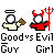 Pixel art buddy icon showing two figures: a white-haloed angel holding a brown object and a red-clad devil with horns and pitchfork, labeled 'Good vs Evil Guy' and 'Girl'.