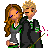 Pixel art animation of two characters in dark robes with green accents holding wands, standing side-by-side against a white background.