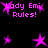 Pixelated pink text and star shapes on black background, with repeated 'Yody Emi Rules!' phrases and varying star sizes.