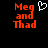 Pixelated red text 'Meg and Thad' on black background with white heart symbol above right side of text.