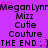 Purple background with repeated text elements including 'Megan Lynr', 'Mizz', 'Cute', 'Couture', and 'THE END:)' in black pixelated font, interspersed with pink star shapes.