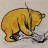 Pixelated yellow and brown animal figure with dark accents, positioned on a light background with a small dark shape nearby.