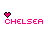 Pixelated pink text "CHELSEA" with a small heart icon above it, arranged in on white background; some hearts animate to different positions across frames