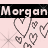 Animated contact sheet showing two frames of a buddy icon with pink background, black text banner reading "Morgan Morgan," and pixelated heart symbols in gray on light pink.