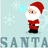 Pixelated Santa Claus figure in red suit with white trim, black boots, and belt stands against light blue background with snowflakes.