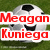 A soccer ball on grass background with red text overlays reading "Meagan Kuniega," "#99," and "Ohio Premier."