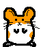 Pixelated hamster character with orange and white fur, black outline, whiskers, and small feet in various poses on gray background.