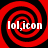 Four identical red and black spiral patterns arranged in a , each containing white text reading 'lol,icon' in a pixelated font