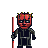 Pixelated character with red skin, black mask-like markings, and yellow head spikes holding a red-and-brown lightsaber against gray background.