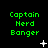 Green pixelated text "Captain Herd Banger" on black background with white star-like shapes in three