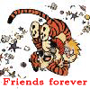 Five Calvin and Hobbes cartoon show the characters in various friendship poses with 'Friends forever' text below each