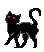 Pixelated black cat with glowing orange eyes and a curved tail, standing against light gray background.