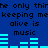 Blue background with black pixelated text repeating 'the only thing keeping me alive is music' and cyan audio equalizer bars changing height across frames.