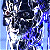 Pixelated image with dark blue and white dominant colors, featuring abstract shapes and a small red pixel cluster on the left side.