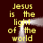 Yellow text on dark background repeats 'Jesus is the light of the world' with white glowing effects in a mirrored layout.