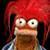 Pixelated cartoon character with bright red hair, wide eyes, and a neutral expression against dark background.