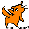 Pixelated orange creature with black outline, raised arm, and 'want some?' text below.