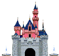 Animated sequence of a pink and blue castle with gray stone base, featuring four red dragon silhouettes moving across the scene.