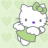 Pixelated white cat with green bow and dress, purple nose, gray eyes on light green background with faint heart shapes.