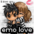 Pixelated chibi-style anime couple in a hug, with brown-haired female and black-haired male, text overlays change across frames.