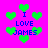 Pixelated green hearts surround blue text reading "I LOVE JAMES" on a bright pink background.