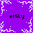 Purple background with white pixelated snowflake patterns and four instances of the text 'emily' in black lowercase letters.